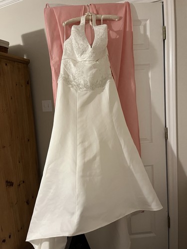 Short brides! Eden Bridals Halter V-Neck Beaded A-line Train Dress Sz 14 altered