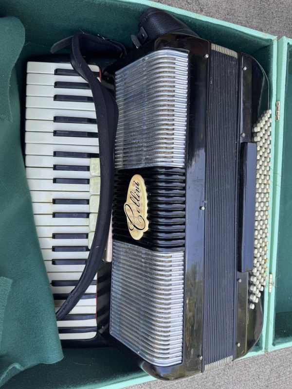 Vintage Cellini Accordion Italian with hard sided mint green Case