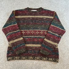 Milano Design Group Vintage Floral Embroidered Striped Wool Sweater M Cottage