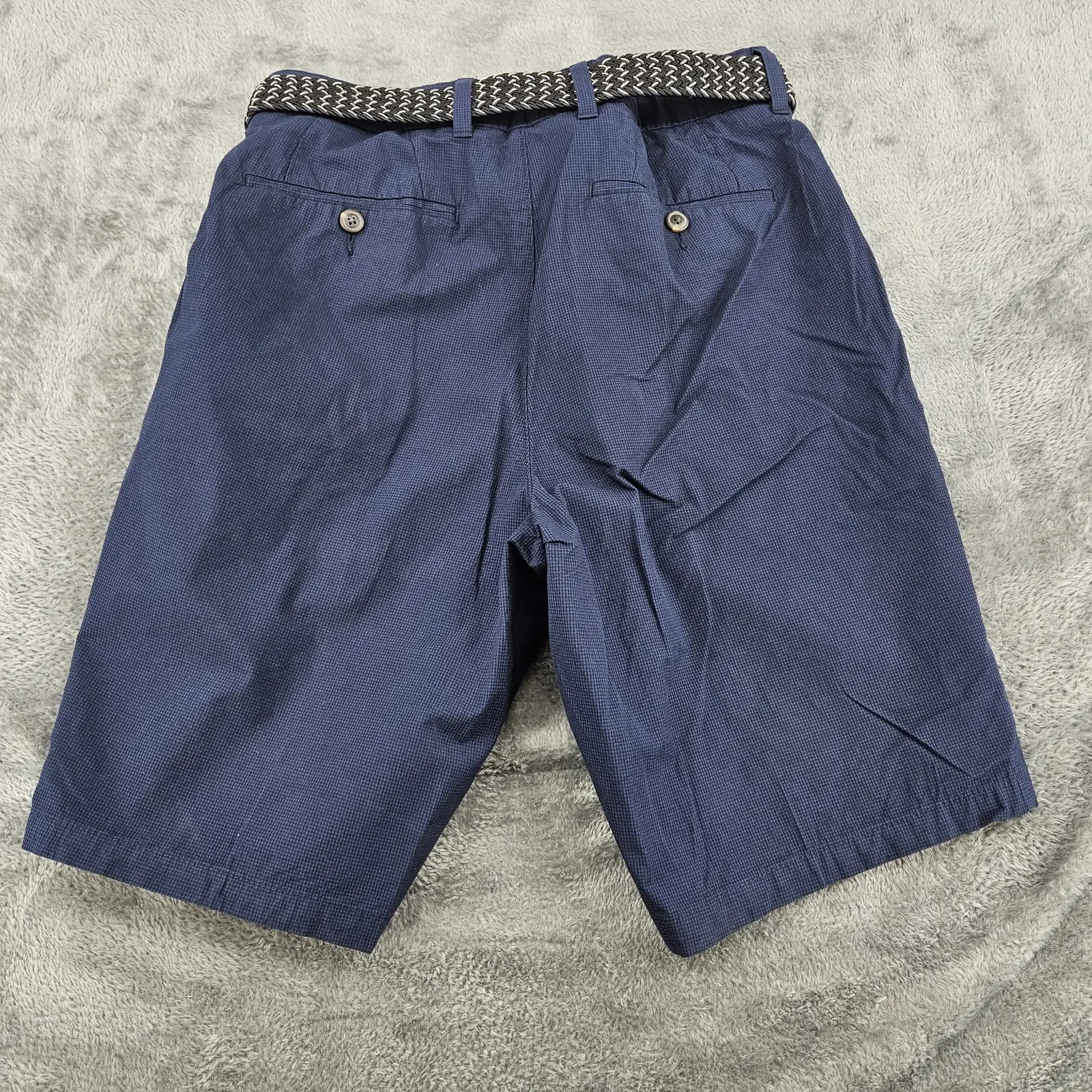 M&S Mens Chino Shorts 32 Waist Navy Pure Cotton Checked Belted Regular Fit image 3