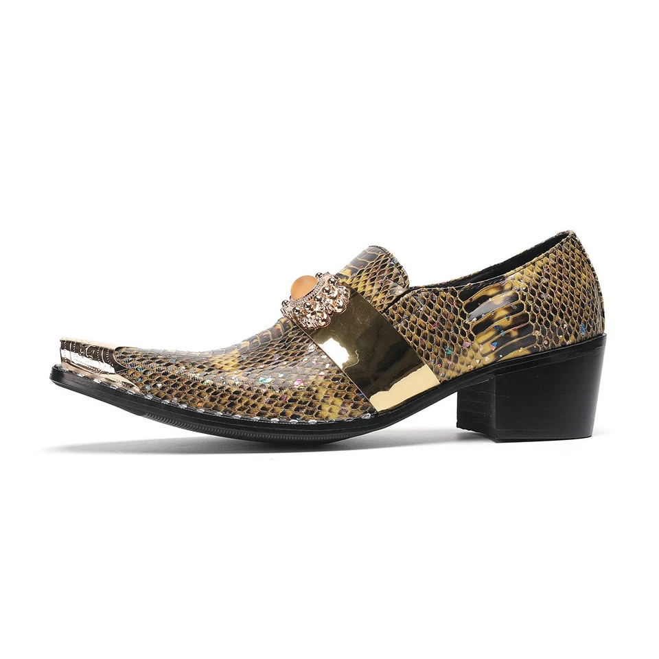 Mens Pointed Toe Real Leather Pull on Cuban Heel Snakeskin Print Nightclub Shoes - Image 2 of 4