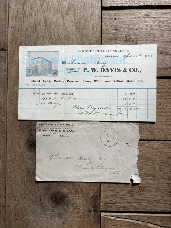 1904 Davis’ Roller Mills FW Davis Milford DE Billhead Historic Mill Bldg Photo