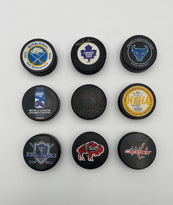 Ice Hockey Pucks NHL NCHA IIHF Buffalo Sabres Toronto Maple Leafs Lot of 9