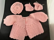 Handmade Crochet Pink Baby Set - Sweater, Hat, Booties Vintage See Measurements