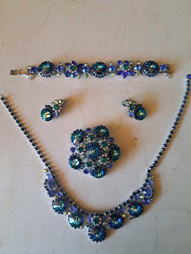 JULIANA D&E BLUE RIVOLI AB RHINESTONE NECKLACE BRACELET BROOCH EARRING ...