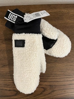 NWT UGG Fluff Tape Fleece Sherpa Mittens White Ivory Size Small/Medium