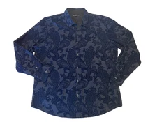 NWT I.N.C. Navy Button Up Long Sleeve Paisley Flocked Shirt Men's 2XL