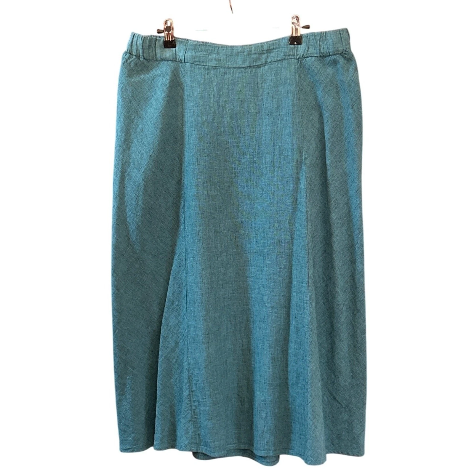 Cut Loose Boho Teal Textured Midi Skirt Linen Look Artsy Lagenlook Minimalist L