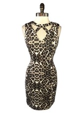 GUESS Sz 8 Sheath Dress Black Grey White Leopard Animal Print Sleeveless Stretch