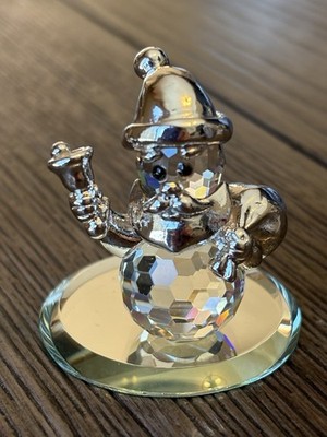 Crystal Santa Snowman Miniature Figurine Silver Hat Gloves Mustache & Bell 1.5''