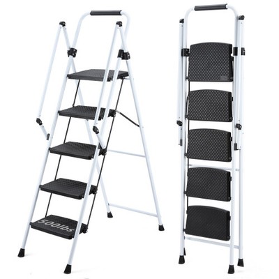 4/5 Step Folding Ladder with Tool Platform Handrails Non-Slip Ladder