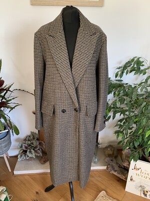Zara Wool Mix Checked Brown Heavy Coat Oversized Plaid Jacket Houndstooth Large