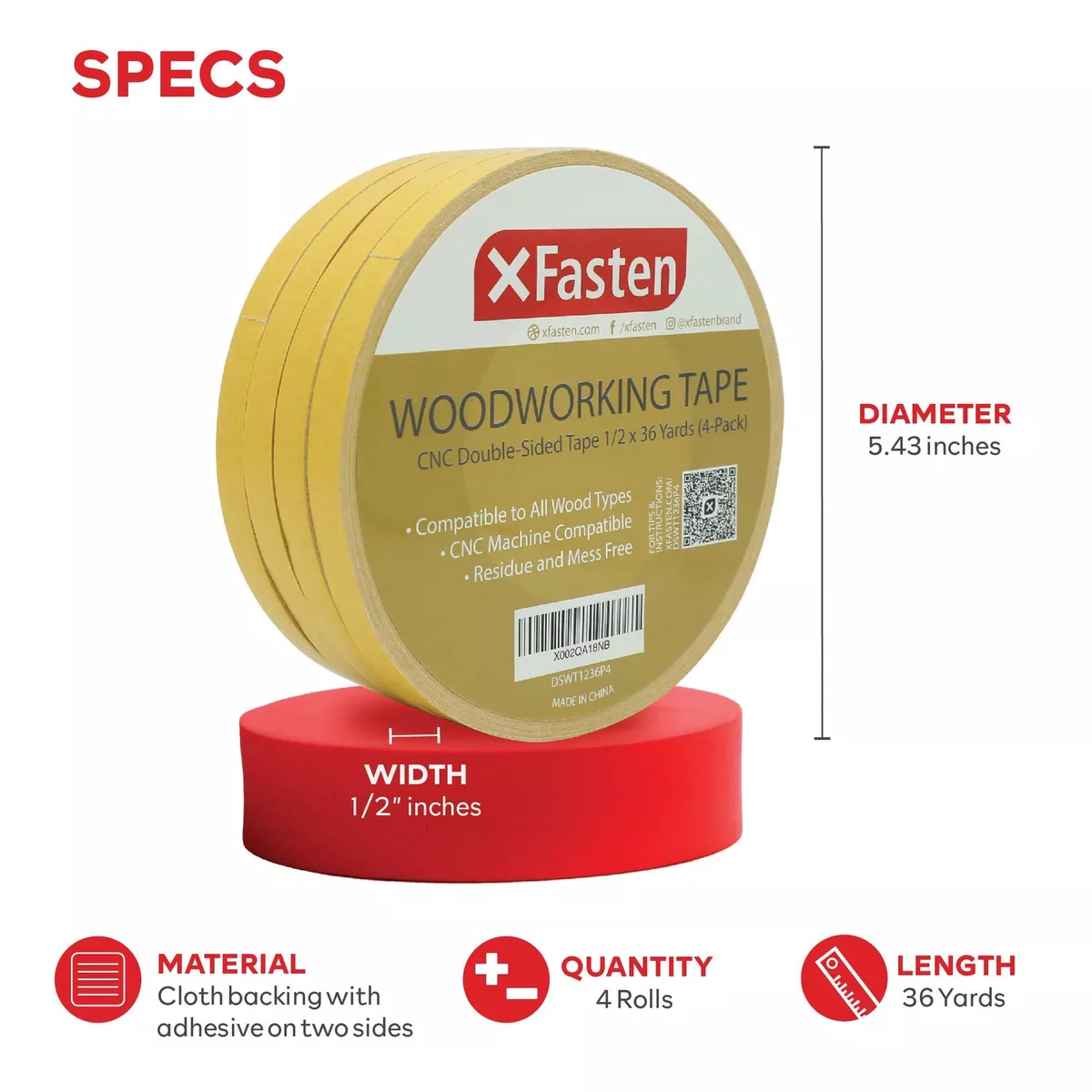 XFasten Double Sided Woodworking Tape 1/2 x 36 Yards (4-Pack)