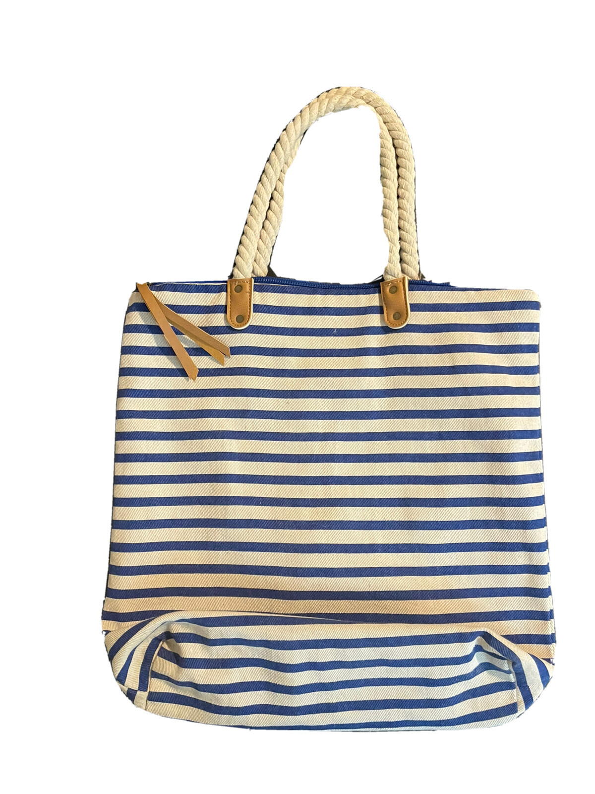 Summer and Rose Tote Bag Navy Taupe Striped Rope Handles Beach Tote|used Twice