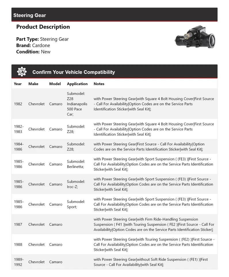 Para Chevrolet Camaro 1982-1992 engranaje de dirección Cardone 1983 1984 1985 1986 1987 Foto 2 de 4