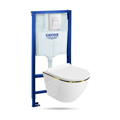 Vorwandelement Solido + Wand WC Sofi Slim Gold Line + Glänzend Weiß Knopf Set