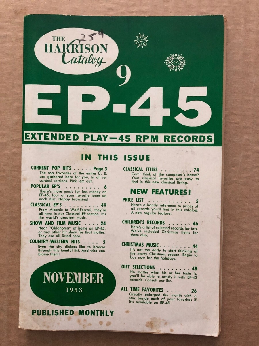 Vintage HARRISON Catalog #9 Extended Play EP-45 November 1953 45