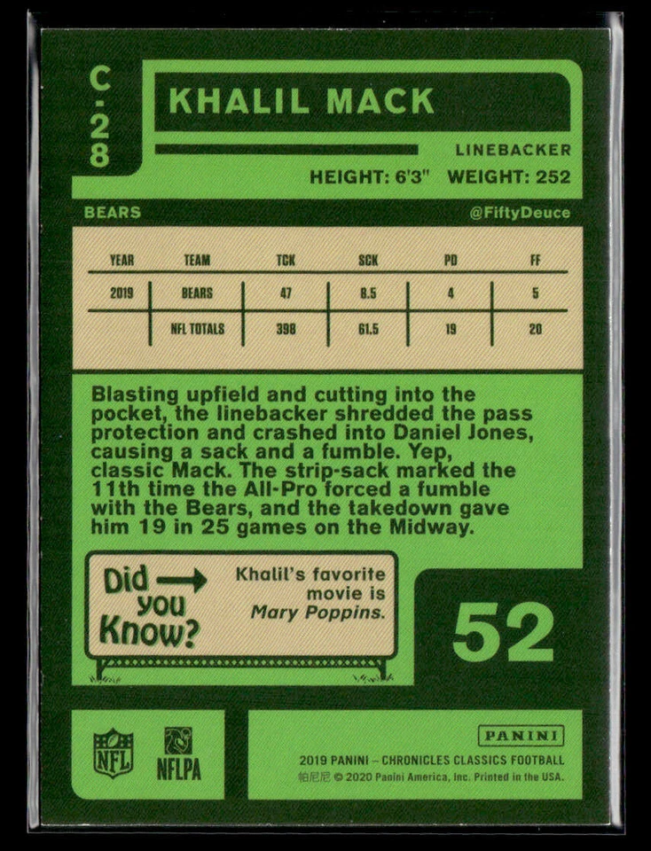 2019 Panini Chronicles #C-28 Khalil Mack Classics Card Chicago Bears - Image 2 of 2