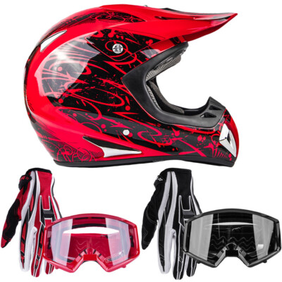 Adult Red Motocross Helmet Combo Gloves Goggles DOT Men Women ATV UTV MX Dirt 