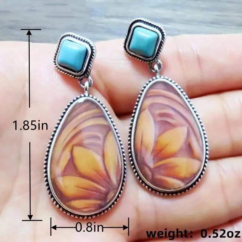 Pendiente Gota Patrón Flor Boho Forma Gota de Agua Gema Sintética Colgante De Colección Foto 3 de 3