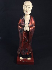 Antique Rare Oriental wood statue polychrome painted praying monk hand carved