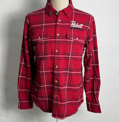 Loser Machine x Pabst Men's LS Woven Button Down Shirt Red/Navy Size M NWT PBR