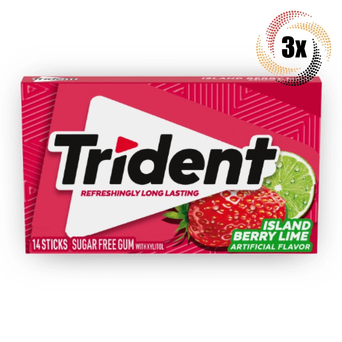 3x Packs Trident Island Berry Lime Flavor Sugar Free Gum, 14