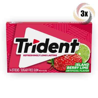 3x Packs Trident Island Berry Lime Flavor Sugar Free Gum, 14 Sticks Per Pack
