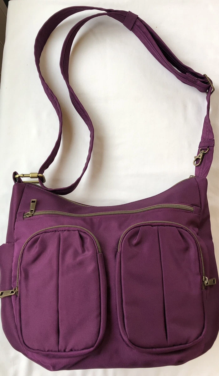 Travelon Crossbody Purse Large Hobo Shoulder Bag Purple Pockets Nylon