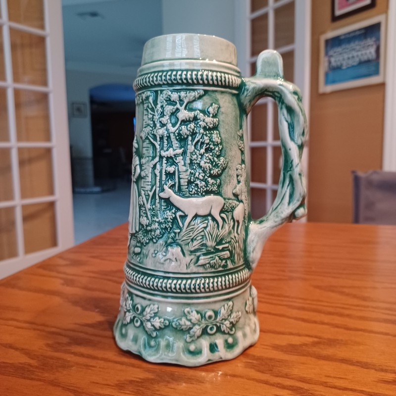 German Style Ceramic Beer Stein Mug Folk Art Holland Mold Hunting Scene