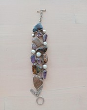 Sterling Silver amethyst Bracelet Pearl Quartz Wide Gemstone 925