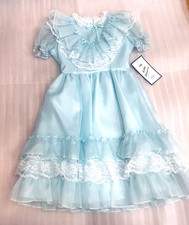 Vtg NWT 80s Lil Princess Dress w Lining Size 14 Overlay Ruffles Lace Teal Blue