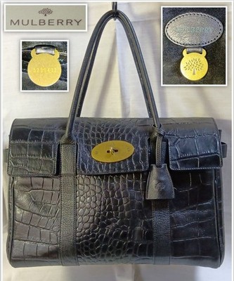 Mulberry Bayswater Small Croc Embossed Leather Tote Black Turn Lock Bag