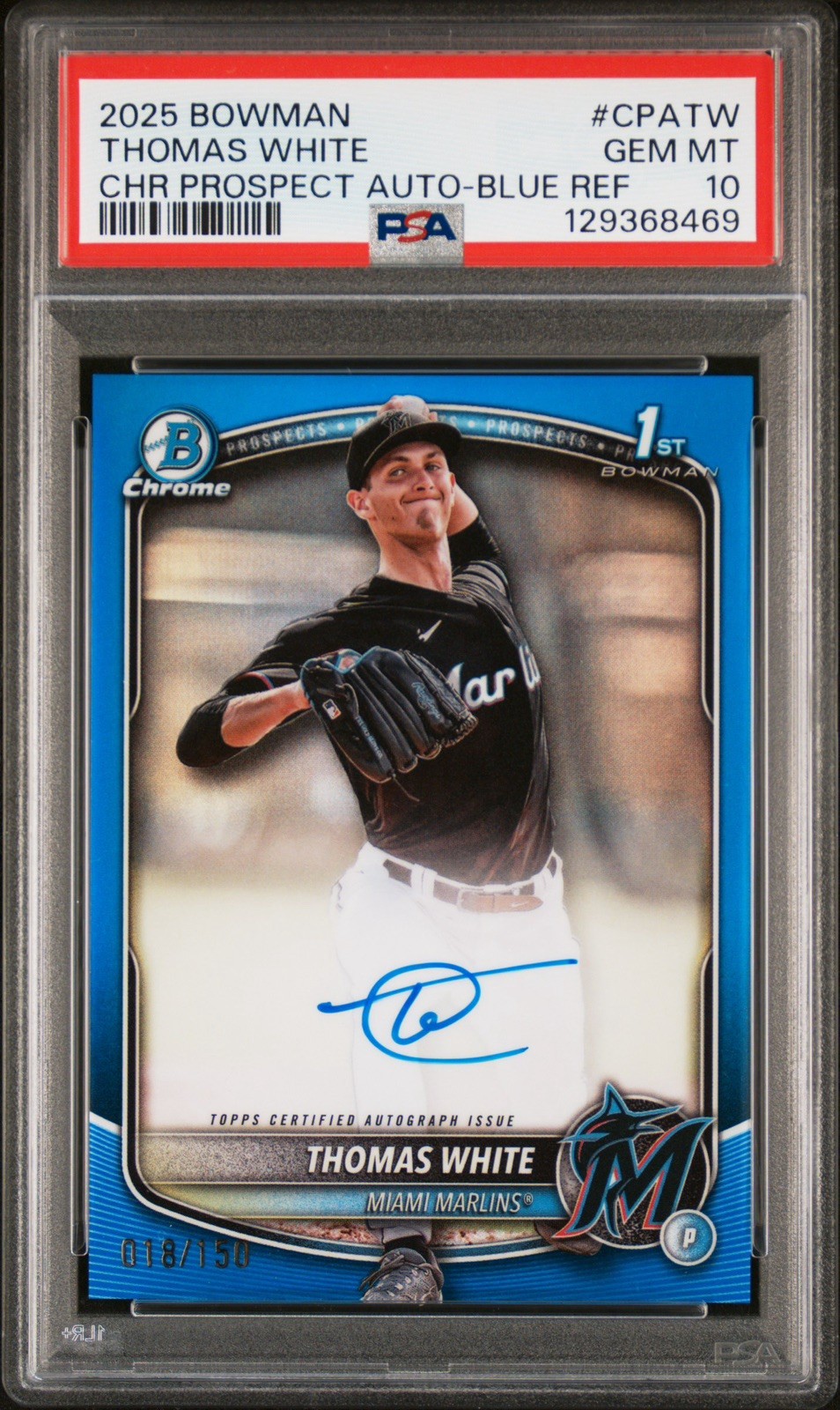 2025 Bowman Chrome Blue Refractor Thomas White 1st AUTO /150 PSA 10 Marlins