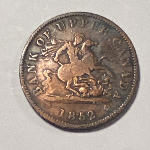 1852 Bank of Upper Canada One Penny Copper Token Coin St George Dragon Canada