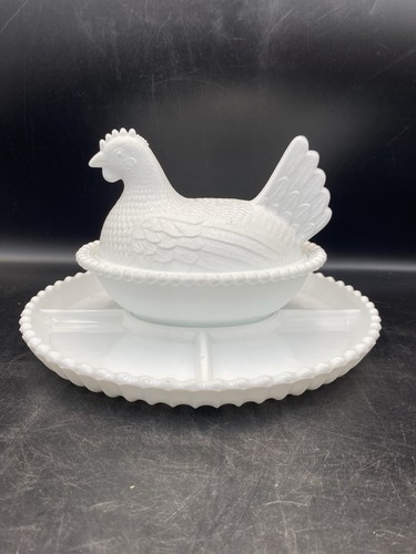 Indiana Milk Glass Slotted Beaded Hen On Nest & 4 Part Condiment Relish Tray