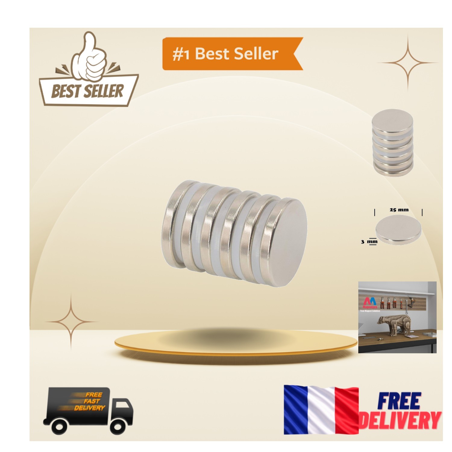 Aimants en Néodyme 25 mm Haute Puissance de Traction 6 kg avec Finition Métal Anti-Rayures