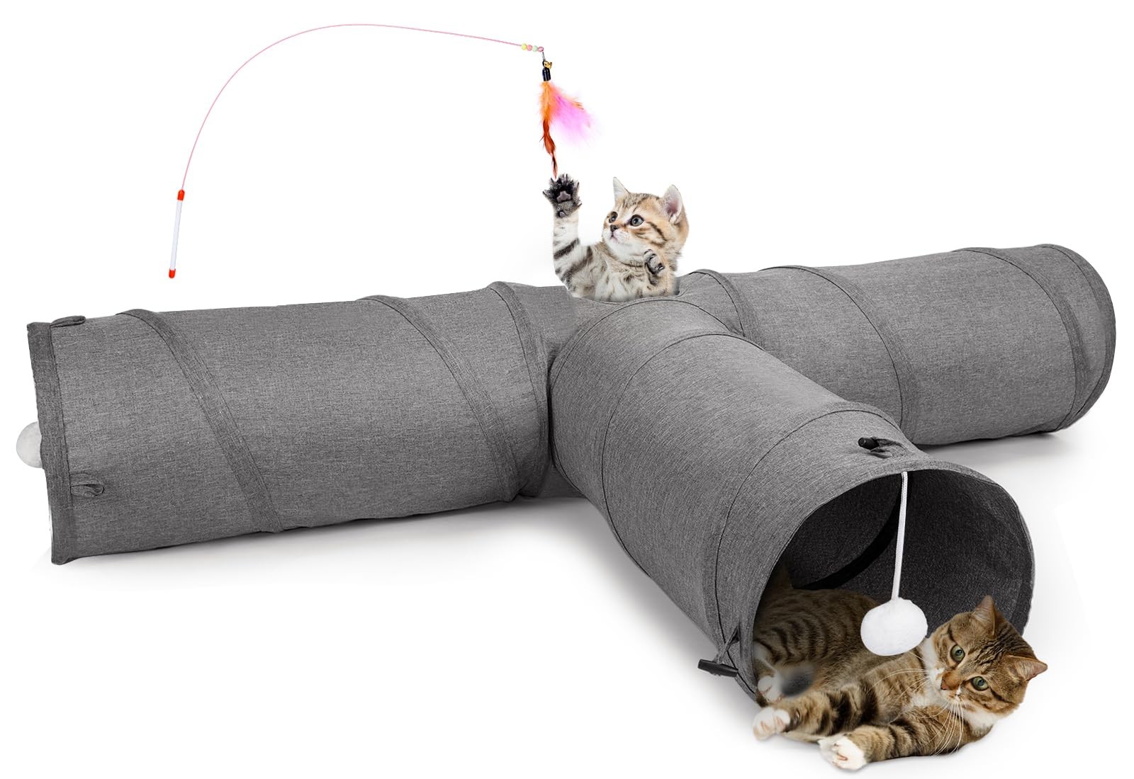 Tunnel pliable à 3 voies pour chat avec jouet suspendu