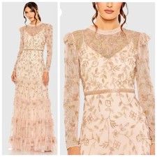 Mac Duggal 9237 Blush Beaded Tulle Formal Gown Long Sleeve Size 22 Dress
