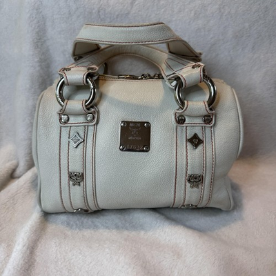 #ad #ad MCM Munchen Pebbled Leather Satchel Womens White Boston Bowler Handbag $92.00