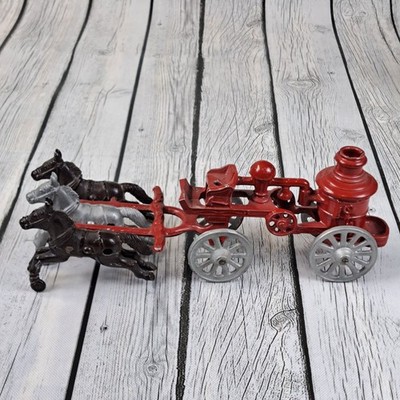 Stanley Toys Cast Iron 3 Horse Drawn Pumper Fire Truck Red Vintage 