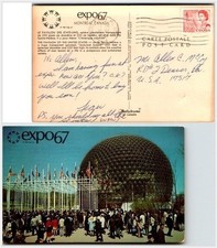 1967 Montreal Expo US Dome Plastichrome Postcard Fuller Dome Canada Flags