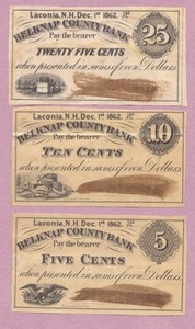 Obsolete Laconia New Hampshire, NH, 25c, 10c, 5c, 1862, Belknap County Bank