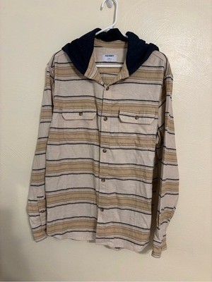 Old Navy Hooded Flannel Shirt Jacket XL Beige Stripe Button Front Shacket