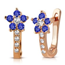 Sterling Silver Rose Gold-Tone Blue CZ Girls Huggie Flower Floral Earrings