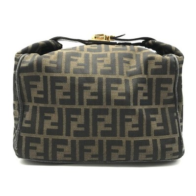 FENDI Zucca Canvas Vanity Bag Brown Black Lock Hardware Hand Pouch