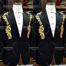 Black Formal Men's Suit with Gold Embroidery Wedding Outfits Hosting Jacket Coat