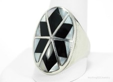 Vintage Mother Of Pearl Black Onyx Inlay Silver Ring - Size 11.5