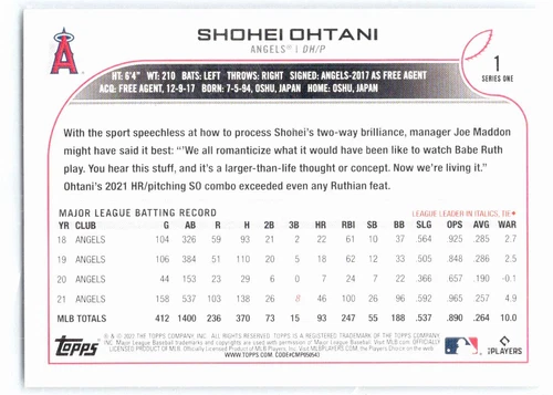 2022 Topps Los Angeles Angels #LAA-1 Shohei Ohtani - Picture 2 of 2