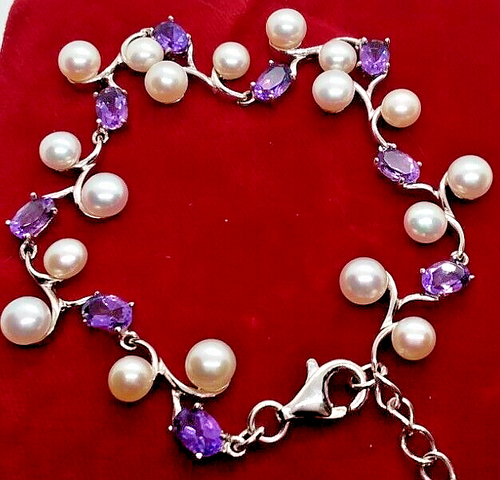 Amethysts & Pearls in Sterling Silver 8" Bracelet, Adjustable Length, 11.9 grams